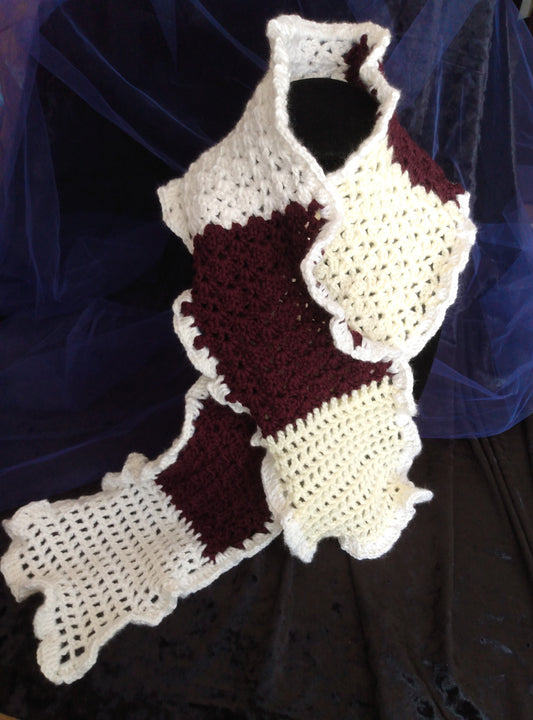 Burgundy, White, and Cream Hand-Made Crochet Scarf