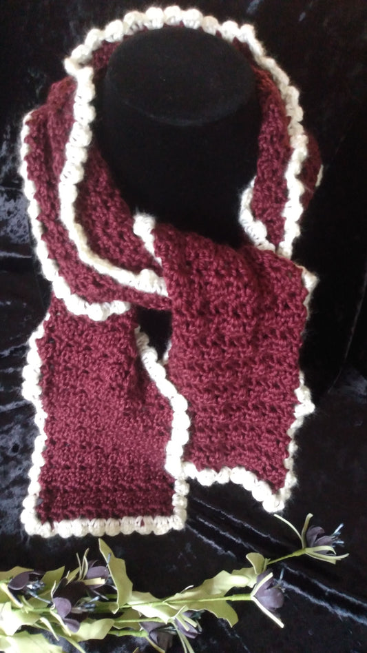 Burgundy and Off White Hand-Made Crochet Scarf